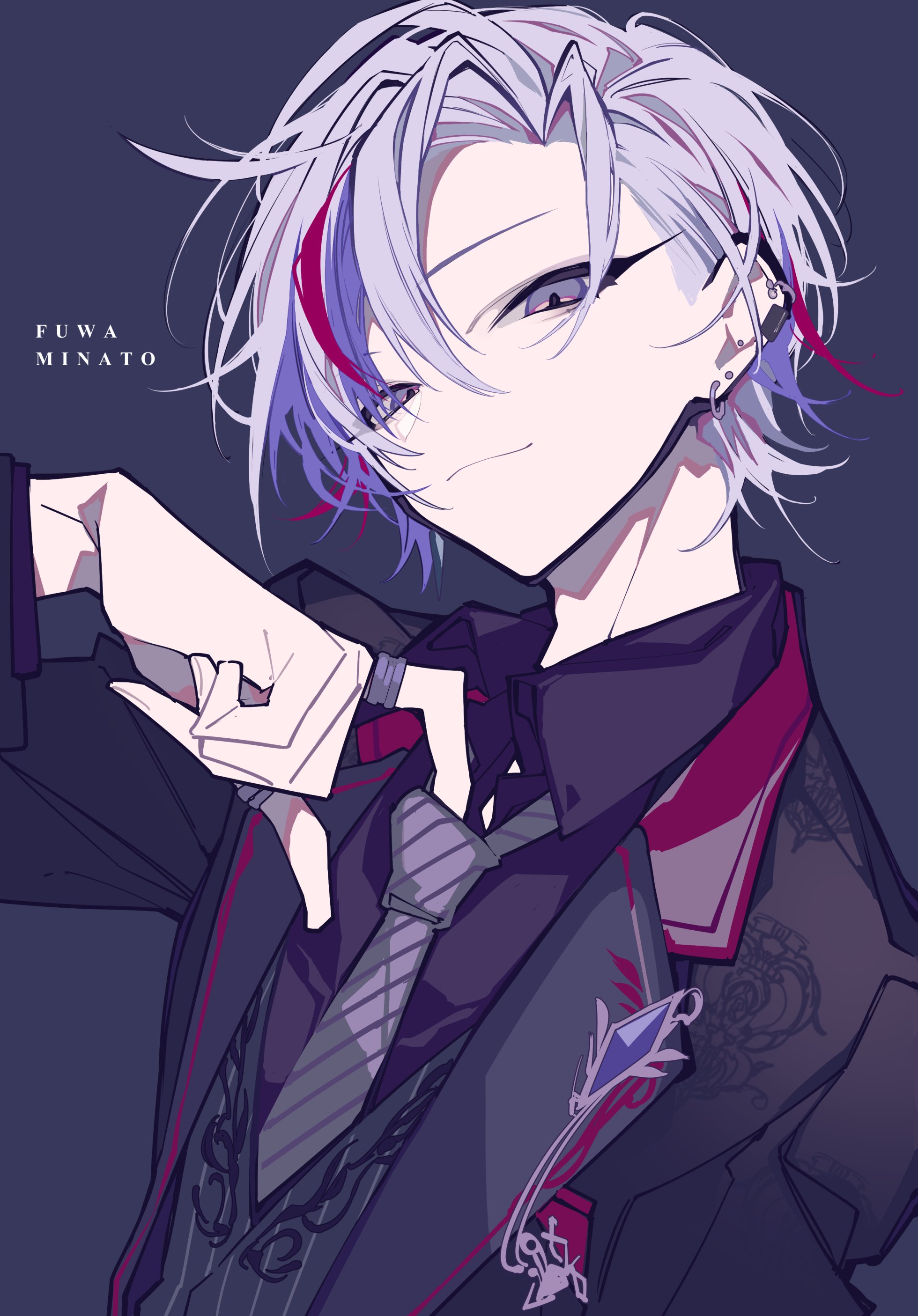 a digital art image of an anime boy named fuwa minato with gray hair and red highlights. he is wearing a dark suit with a tie and has multiple ear piercings. the background is a solid dark color. he is making a hand heart gesture with a slight smirk.