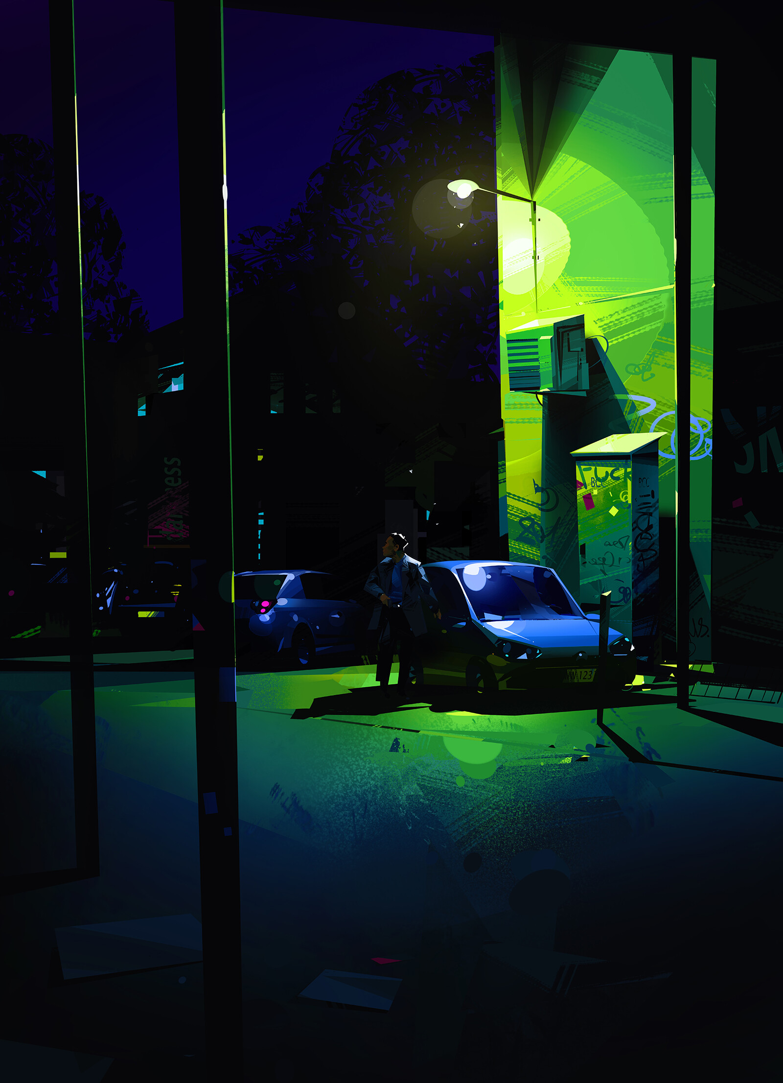 the image depicts a nighttime urban scene, likely a street, viewed through a window or doorway. a man is standing near a blue car, which is parked next to a green utility box covered in graffiti. a street light illuminates the scene with a green glow. buildings and trees are visible in the background, obscured by the darkness. the overall atmosphere is dark and slightly surreal, with a strong emphasis on color contrast between the green light and the surrounding blue and black tones.