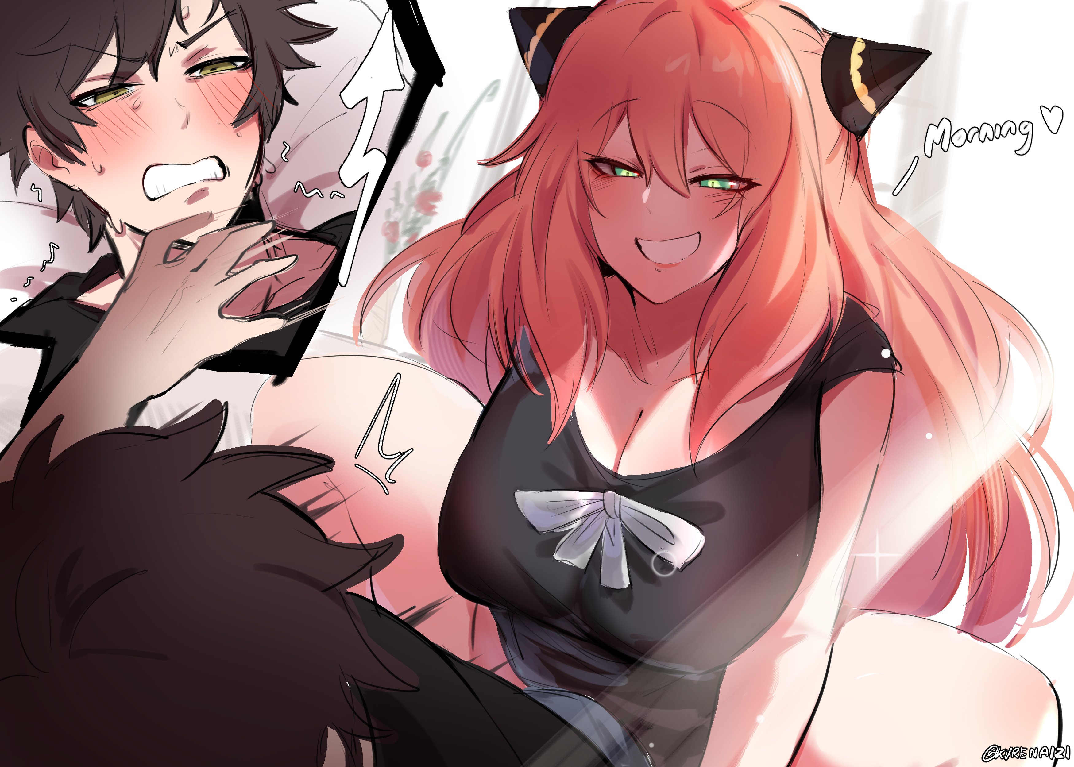 an anime girl with long red hair is sitting on a bed, smiling and blushing. she is wearing a black dress with a bow, and she has a pair of black cat ears. a boy with black hair is lying behind her. he is blushing and has his eyes closed. the girl is looking at the boy, and he is looking at the girl. they are both looking very happy and in love. the girl has written "morning" with a heart next to it.