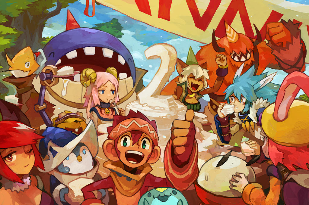 a group of cartoon characters are gathered around a large cake with a 2 on top. they all look happy and excited for the celebration, and the characters include various creatures such as a wolflike monster and a bluehaired character with a giant birdlike head. the setting is a fantasy world.