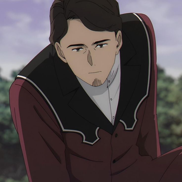the image shows a closeup of an adult male anime character with short dark hair and a goatee. he is wearing a red jacket with black trim and a white shirt. he has a serious expression on his face. the background is blurred, suggesting he is outdoors. the lighting is soft, giving the image a warm tone.