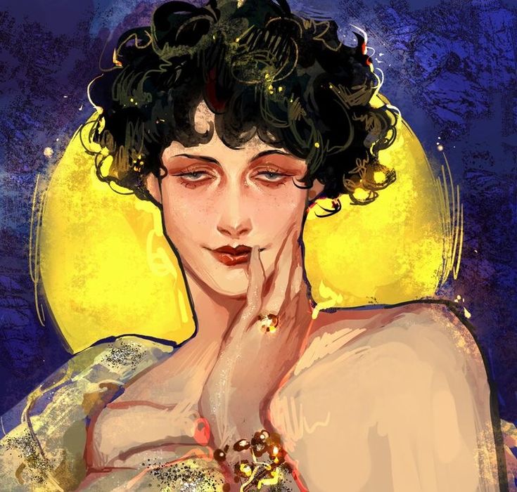 a digital painting of a woman with dark, curly hair and