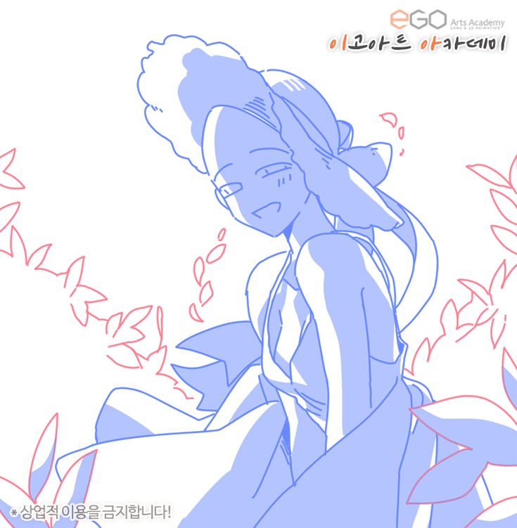 a line drawing of a smiling anime girl wearing a dress and a flower crown, standing in a garden surrounded by flowers. the girl is drawn in blue and pink, with a white background. in the top right corner is a logo for a korean art academy. at the bottom left of the image is a caption in korean which reads "commercial use is prohibited!"