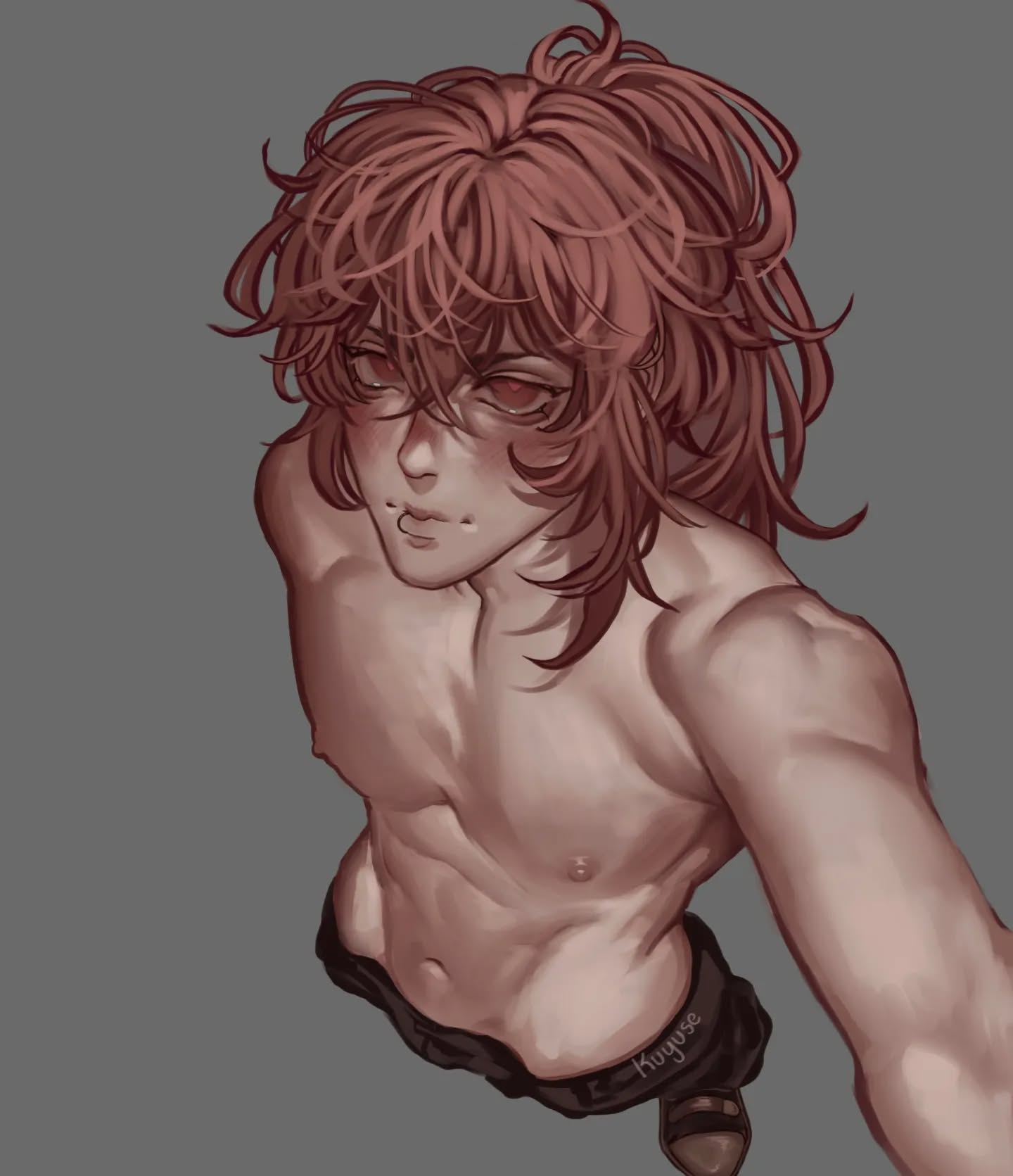 the image is a digital drawing in an anime/manga style. it depicts a shirtless young man with long, reddishbrown hair styled in a loose ponytail. he is wearing darkcolored pants.  his upper body is visible, showcasing defined musculature. he wears glasses and has a somewhat androgynous facial features. the perspective is from a high angle, looking down onto the character. the background is a simple, neutral gray. the artist's signature, "kuyuose," is subtly included in the lower area of the image. the overall style is slightly stylized and has a soft, slightly muted color palette.