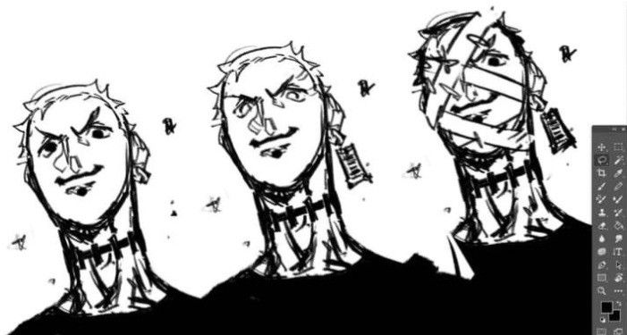 this is a black and white digital illustration of three anime characters. the characters are drawn in a rough, sketchy style. they are all looking in different directions. the one in the middle is looking to the right. the one on the left is looking to the left. and the one on the right is looking up. the characters are all very expressive. the middle character is a young man, he is wearing a black shirt. the character on the left is a young man, he is not wearing a shirt. the character on the right is a young woman, she is wearing a white shirt. the characters are all drawn in a way that is both interesting and intriguing. the drawing is done in black and white, but the characters are still very expressive and engaging. the art style is very unique and interesting. the characters are all drawn with a lot of detail. they have very expressive faces and bodies. the art style is very dark and moody. the drawing is very well done. the lines are clean and precise. the characters are drawn with a lot of personality. the illustration is a great example of the beauty of manga art.