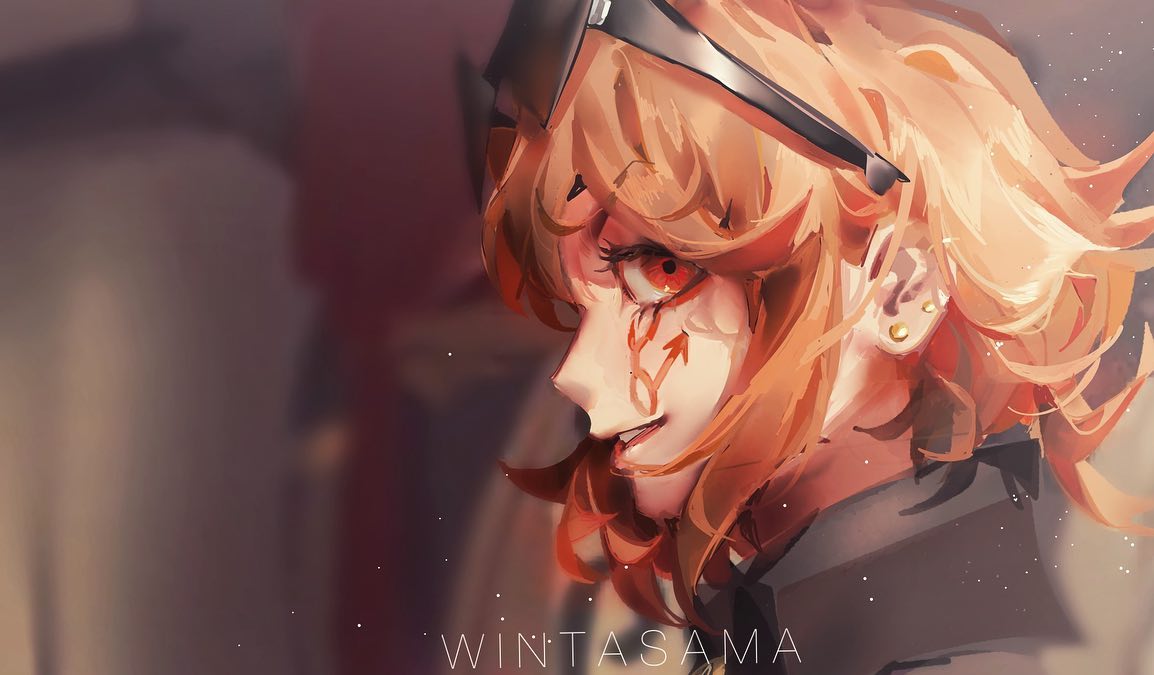 the image is a digital painting or illustration of a stylized animestyle female character. she has long, vibrant orange hair and striking red eyes.  she wears a dark headband or headpiece and small gold earrings. the style is painterly and slightly abstract, with a focus on soft blending of colors and textures.  a smirk plays on her lips and there's a stylized red marking on her face. the background is blurred and out of focus, drawing attention to the character.  the artist's signature "wintasama" is visible at the bottom. the overall mood is mysterious and slightly mischievous.
