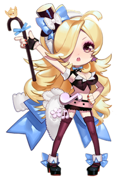 this is a cartoon image of an adorable anime girl.  she is wearing a blue and pink dress with a white fluffy jacket and a giant blue bow hat. she is carrying a cane with a little bird on top of it. the girl has blonde hair and is holding her cane with her right hand, while her left hand is on her hip. she is smiling and looking at the viewer with big, expressive eyes. the image is bright and colorful and the girl is very cute and appealing.
