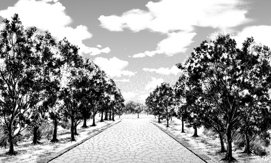 a black and white image depicting a pathway lined with trees leading into the distance under a cloudy sky. the pathway is constructed from stone pavers and extends into the vanishing point, creating a sense of depth. rows of trees stand on either side of the path, their branches forming a canopy. the sky is filled with clouds. the overall scene evokes a peaceful and natural setting.