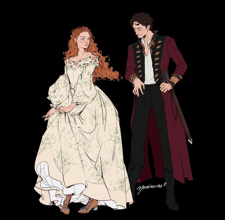 the image is a digital illustration depicting a young woman and man in elegant historical attire. the woman wears a flowing, light beige gown with a floral pattern, typical of rococo or regency styles. her hair is long and curly, a vibrant reddishbrown. the man is dressed in a dark burgundy long coat over a black militarystyle jacket with gold details. he carries a sword at his side.  their poses suggest a romantic interaction, possibly a scene from a novel or a historical fiction piece. the artwork has a detailed line style with soft shading and colors, creating a polished and romantic mood. the background is a plain black, focusing attention solely on the figures. the style is reminiscent of concept art for a book or a game.