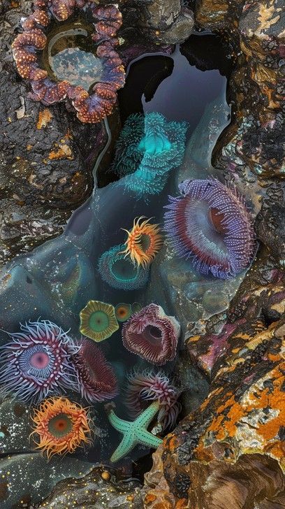 a highangle shot of a tide pool filled with colorful sea anemones and a green starfish. the tide pool is surrounded by rocky terrain with some orange lichen visible on the rocks on the right side.