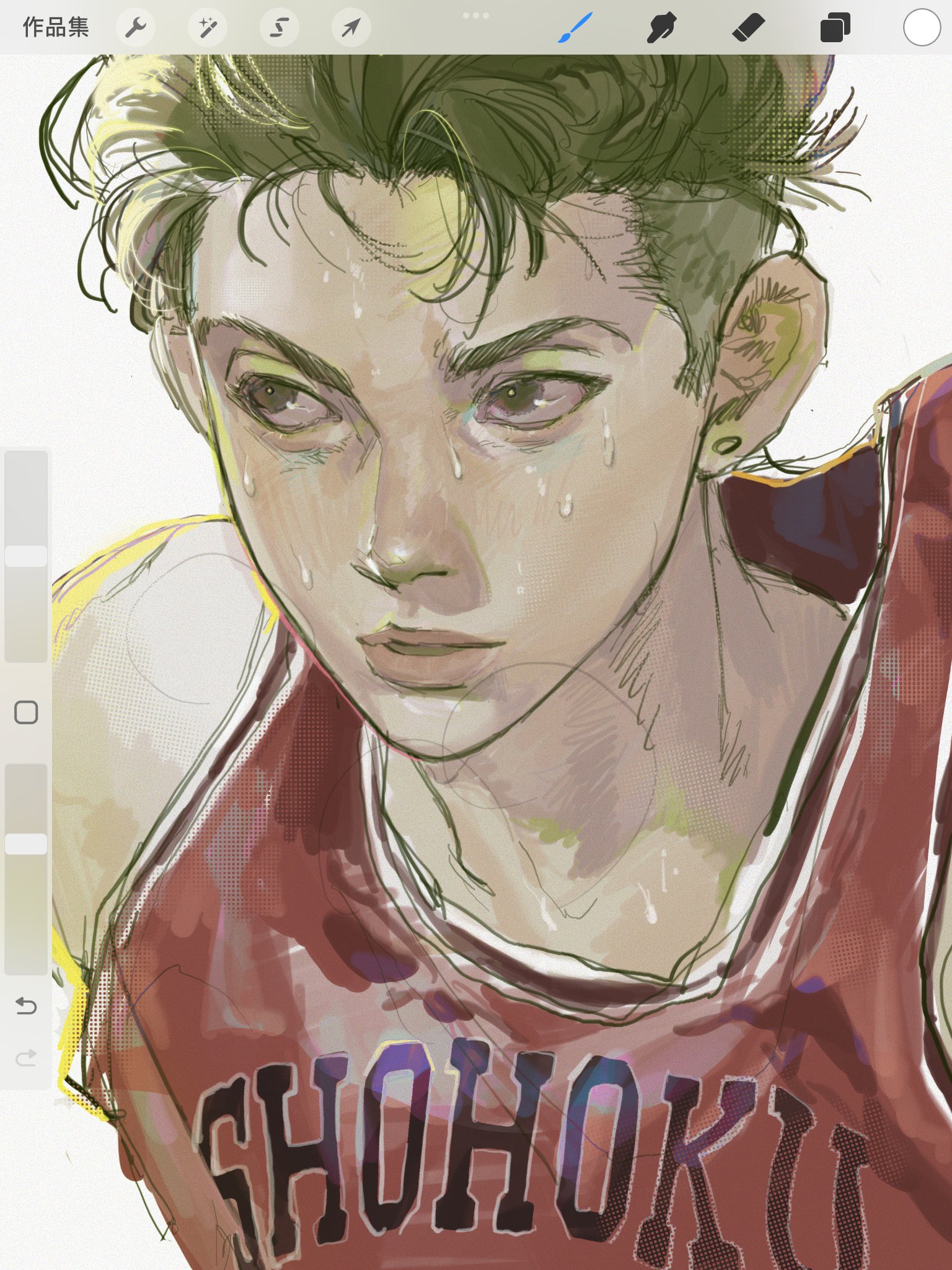 a stylized digital illustration of a male basketball player during a game. he's sweating and his expression is intense with a determined look in his eyes. he wears a red jersey with "shohoku" written on it, suggesting he's part of a team. the style is reminiscent of anime and manga.  the color palette is muted with a focus on reds, grays, and skin tones.  the artist has used a combination of line work and color blocking to create the image.