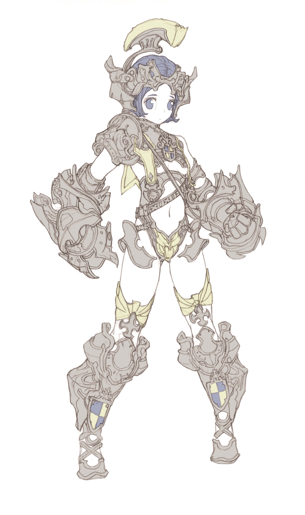 this is an illustration of a female warrior with animestyle features. she is clad in intricate armor, with a helmet adorned with elaborate detailing. the design of the armor is reminiscent of fantasy and medieval aesthetics. the drawing is in a sketchlike style, with loose lines and shading, suggesting a preliminary design concept. the overall image evokes a sense of strength and femininity.
