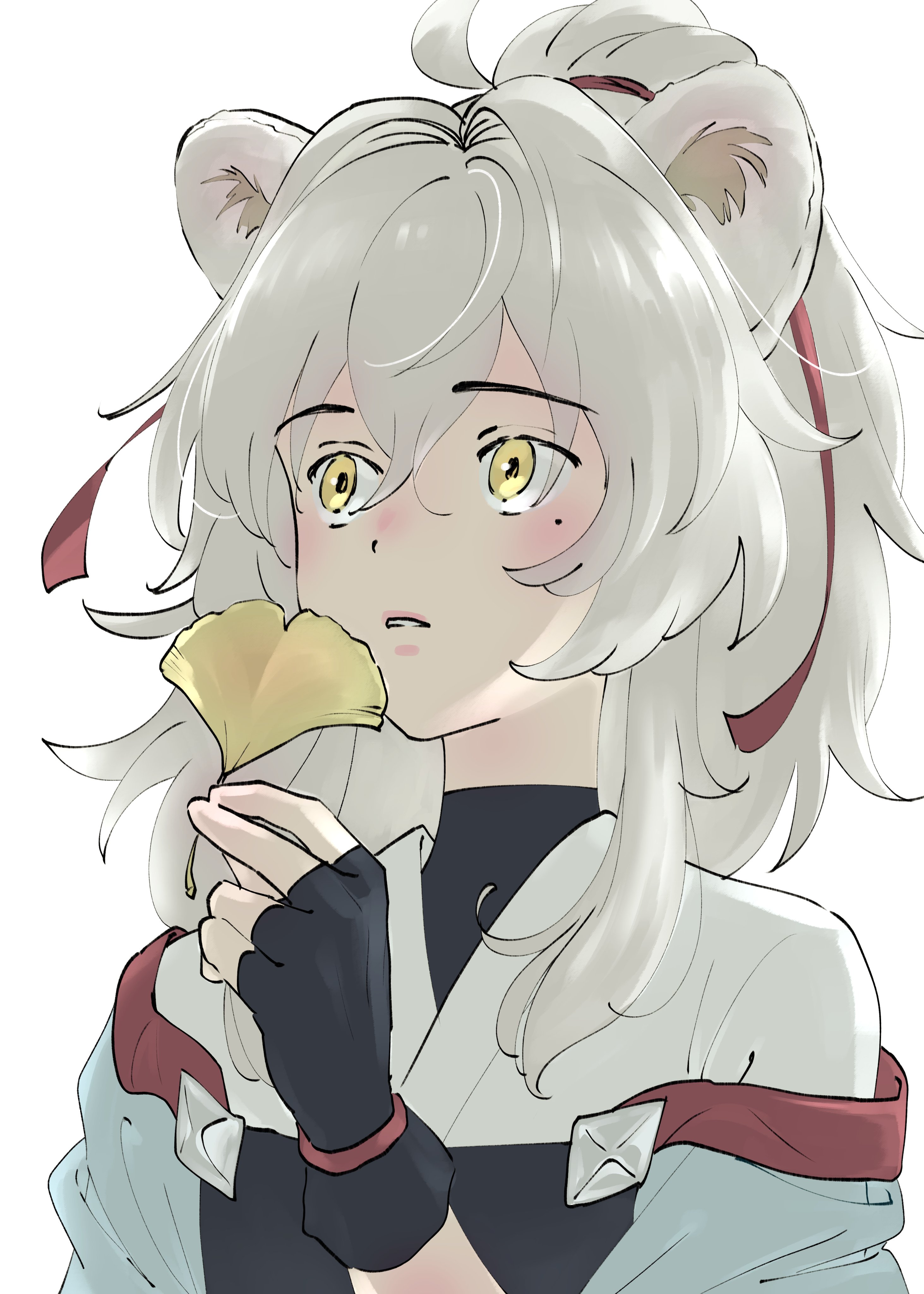 this is a digital illustration of an anime girl with white hair,  sad expression, holding a ginkgo leaf. she is wearing a white and black outfit.