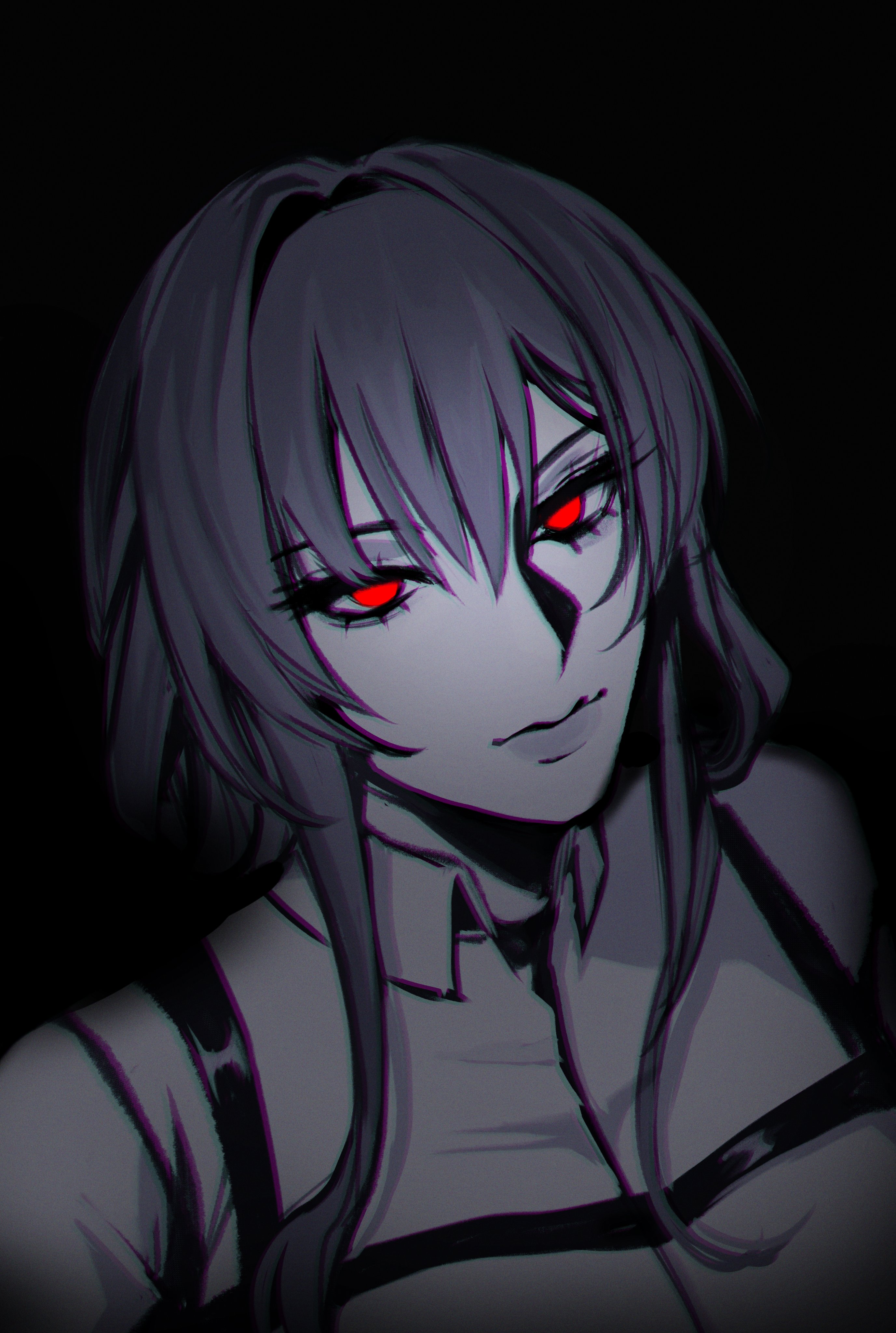 this is a digital art illustration of an anime girl. the girl has long black hair and is wearing a black shirt. her red eyes are the main focus of the illustration. the background is dark and mysterious, highlighting the intensity of her gaze.
