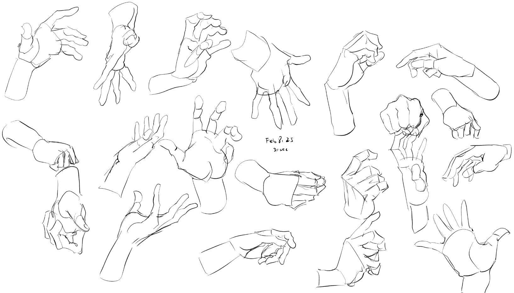 the image displays a collection of hand sketches drawn in various positions and angles. there is an emphasis on capturing different gestures and poses of the hands, including open palms, clenched fists, and hands in action.