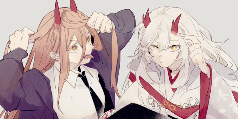 this is a digital illustration of two anime girls. the girl on the left is wearing a black jacket with purple sleeves and white shirt. she has long pink hair with red horns and black tie. she has a  smile with tongue sticking out and has white eyes looking to the right. the girl on the right has white hair and red horns, with a white  kimono and red scarf. she is looking to the left and has white eyes. the background is a light gray.