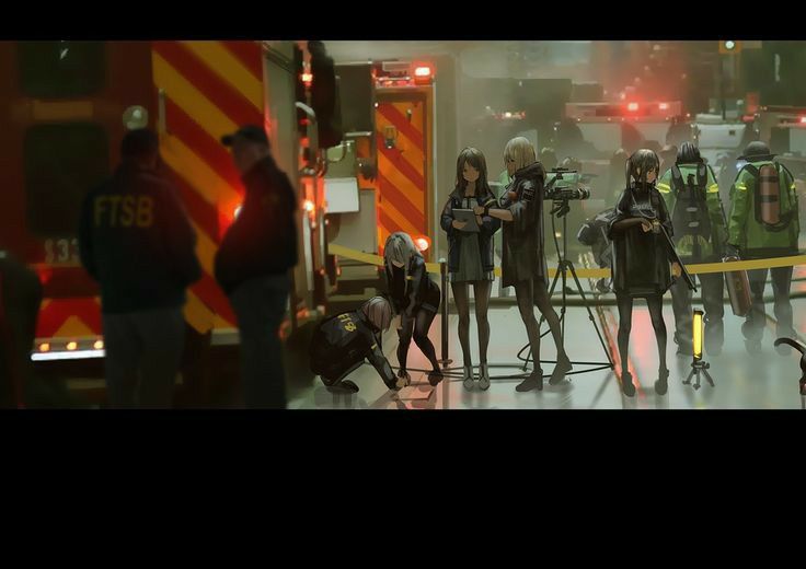 the image is a digital painting or illustration that depicts a scene of what appears to be a crime scene investigation or accident in a city at night.  several animestyled girls are present, some appearing to be reporters or journalists with cameras and notepads, while others look like police or forensic investigators. there are emergency responders (firefighters) and other personnel in the background near fire trucks. the scene is dark and atmospheric, with a focus on the girls and the scene's intensity. the style is highly detailed and visually striking. the overall tone is dramatic and suspenseful.