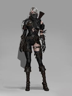 a female character in a futuristic, postapocalyptic outfit stands against a gray background.  she wears dark armor and a mask, with various straps and pouches.  she is armed with a large gun slung across her back. the image has soft lighting, highlighting the details of her attire.