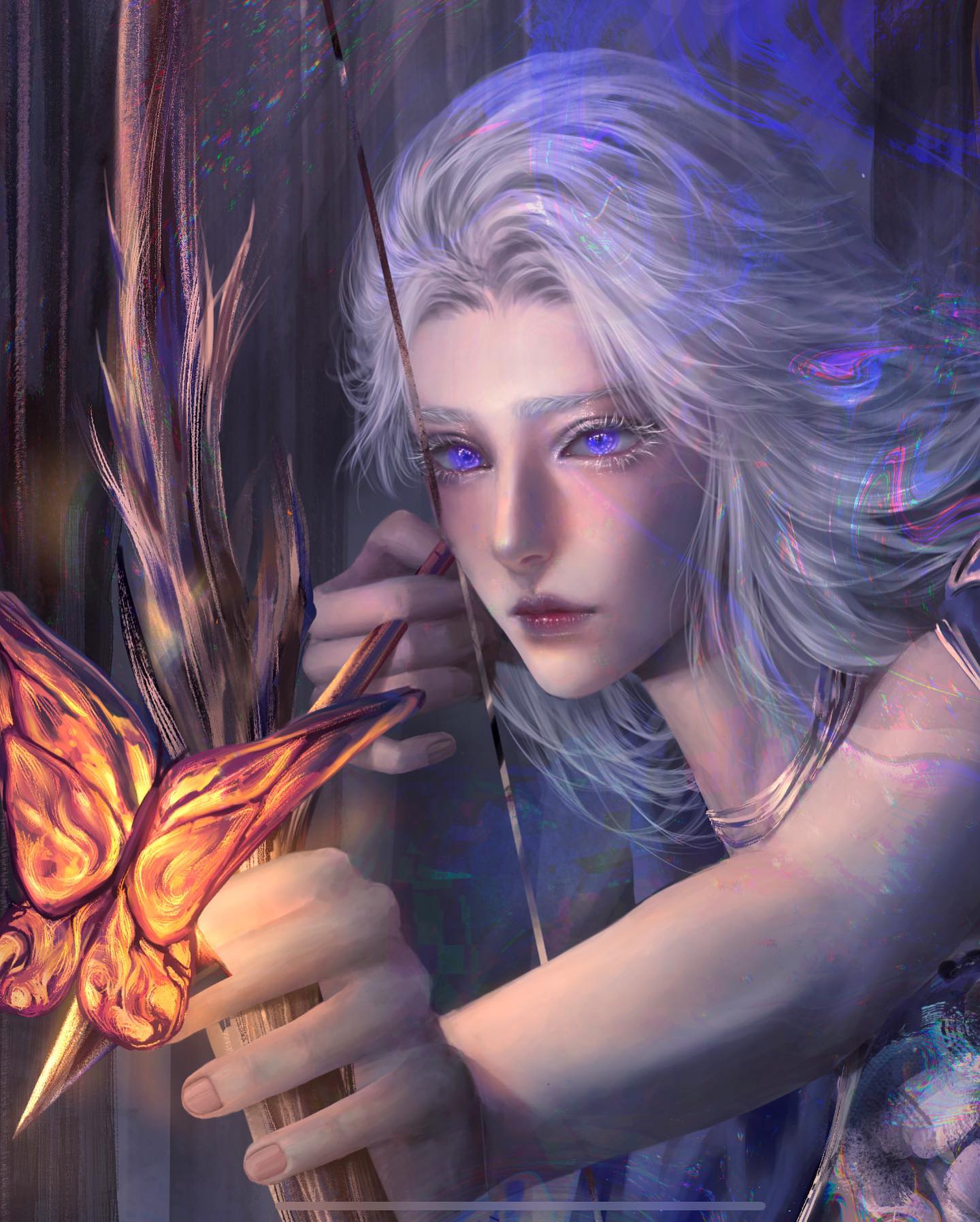 the image depicts a female elf with white hair and purple eyes, aiming with a bow and arrow. she is indoors and the lighting is ambient. the overall color palette is cooltoned with a focus on purples and blues. the elf is wearing armor and has a butterfly perched on her bow. the image is a closeup, focusing on the elf's face and upper body.