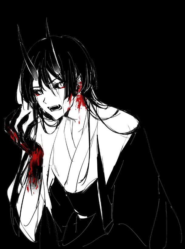 a line art digital art piece of a male anime character with horns, covered in blood, wearing a dark robe and staring into the void.