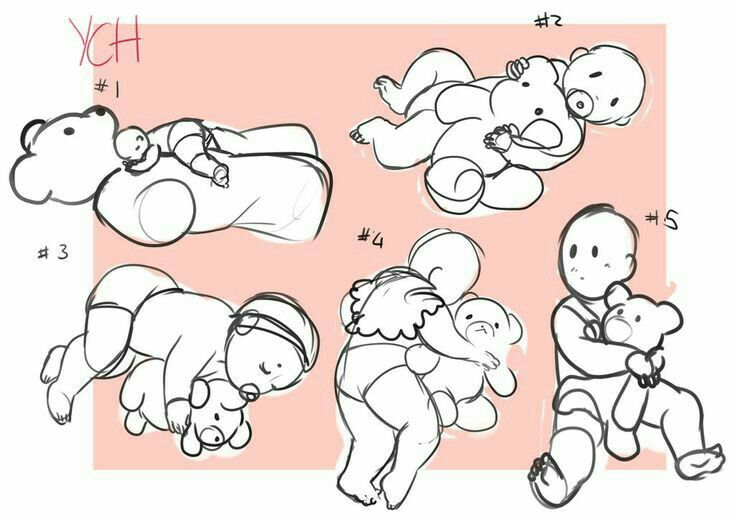 this image is a drawing of five different poses of a baby or kid holding a teddy bear. each pose is numbered. this could be used as a reference for drawing a baby holding a teddy bear. the background is a light pink.