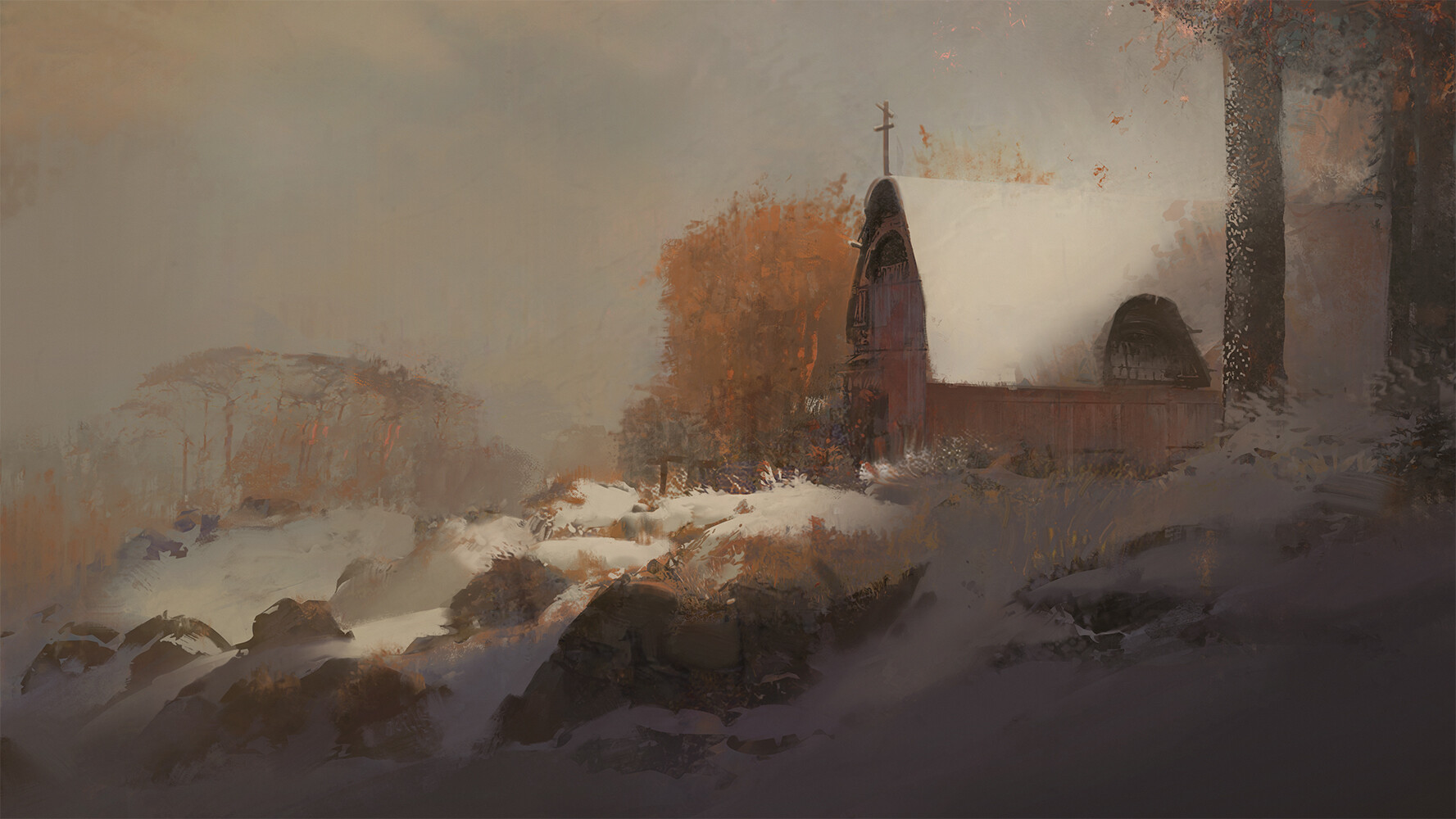 a landscape painting of a barn in the winter. the barn is red with a white roof and is partially covered in snow. there are trees in the background and a snowy field in the foreground. the sun is setting and casting a warm glow over the scene.