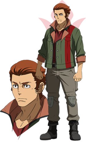 this is a digital illustration of an anime character. it shows a young man with short, brown hair, a beard, and a serious expression. he is wearing a brown jacket with red stripes down the arms, brown pants, and brown boots.  he is standing with his right leg slightly bent, looking to the right. the background is white.