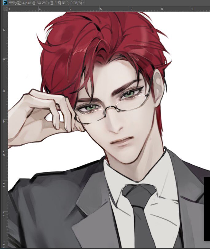this is a digital illustration of a handsome anime boy with red hair wearing a suit and tie. he is looking down thoughtfully and has a serious expression on his face. he is wearing glasses and his hair is styled neatly. the image is drawn in a stylized anime style with soft shading and bright colors.