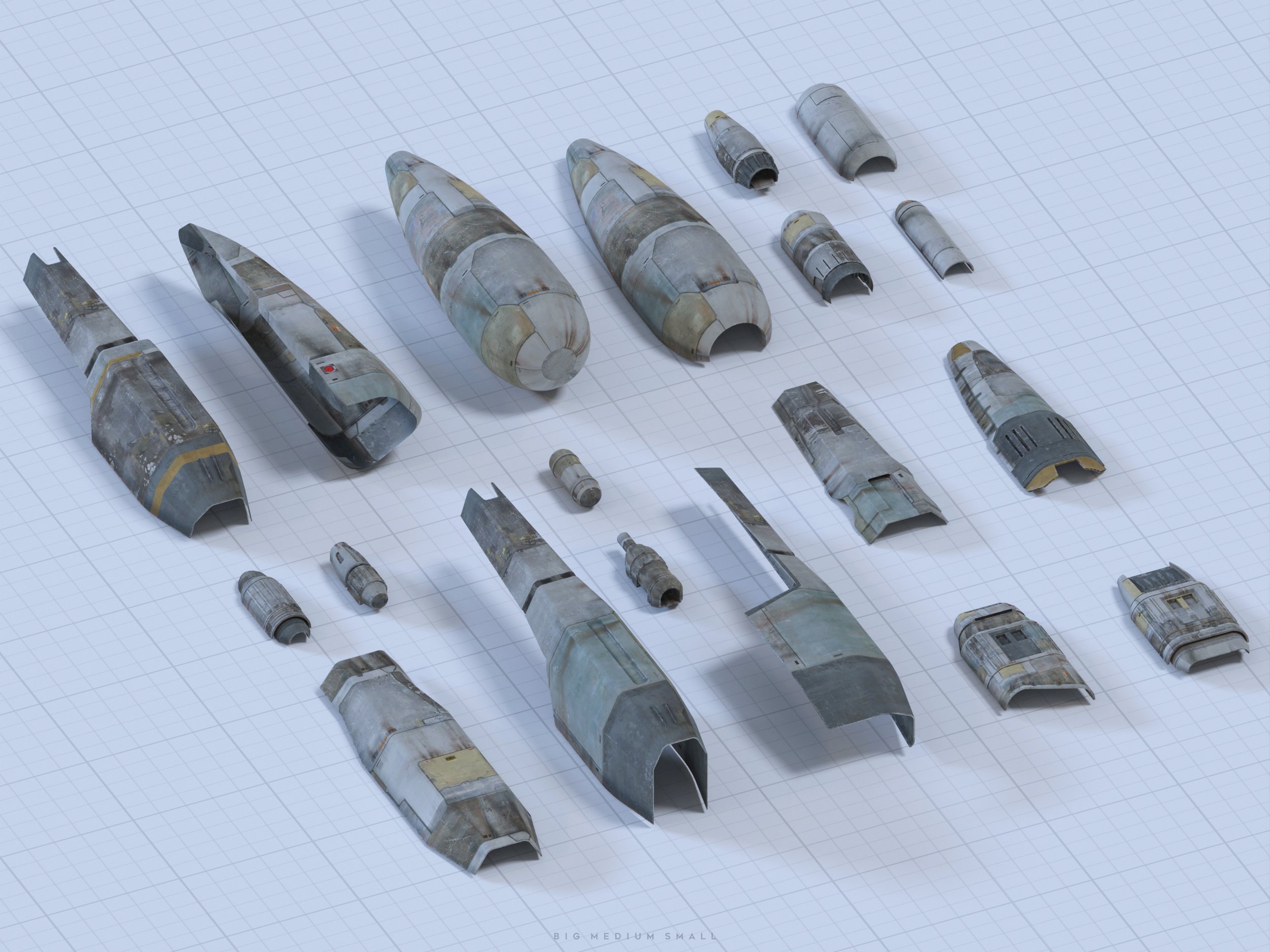 the image shows a disassembled 3d model of a spaceship, possibly inspired by star wars designs. the numerous parts are scattered on a gridded surface resembling a blueprint or design sheet.  the parts vary in size and shape, indicating different components of the ship, from large fuselage sections to small engine nozzles.  the overall aesthetic is weathered and worn, suggesting a used or battledamaged spacecraft.  the image is likely intended to showcase the model's details and complexity, perhaps for a video game or model kit. the parts are labelled "big medium small" in the bottom right corner, indicating varying sizes of components.