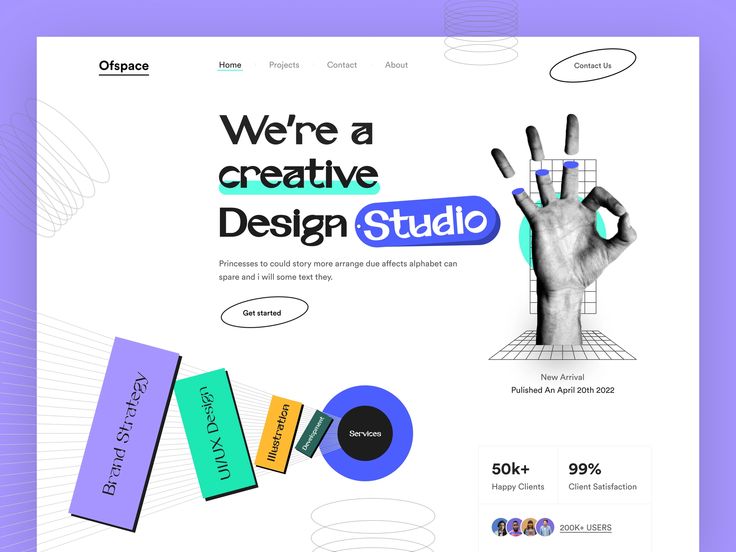 the image is a website landing page for a design studio. it features a colorful and modern design with a hand gesture and the words "we're a creative design studio". the website also includes a section on services offered by the studio, such as ui/ux design, brand strategy, illustration, and development. the landing page also highlights the studio's positive track record, with 50k+ happy clients and a 99% client satisfaction rate.