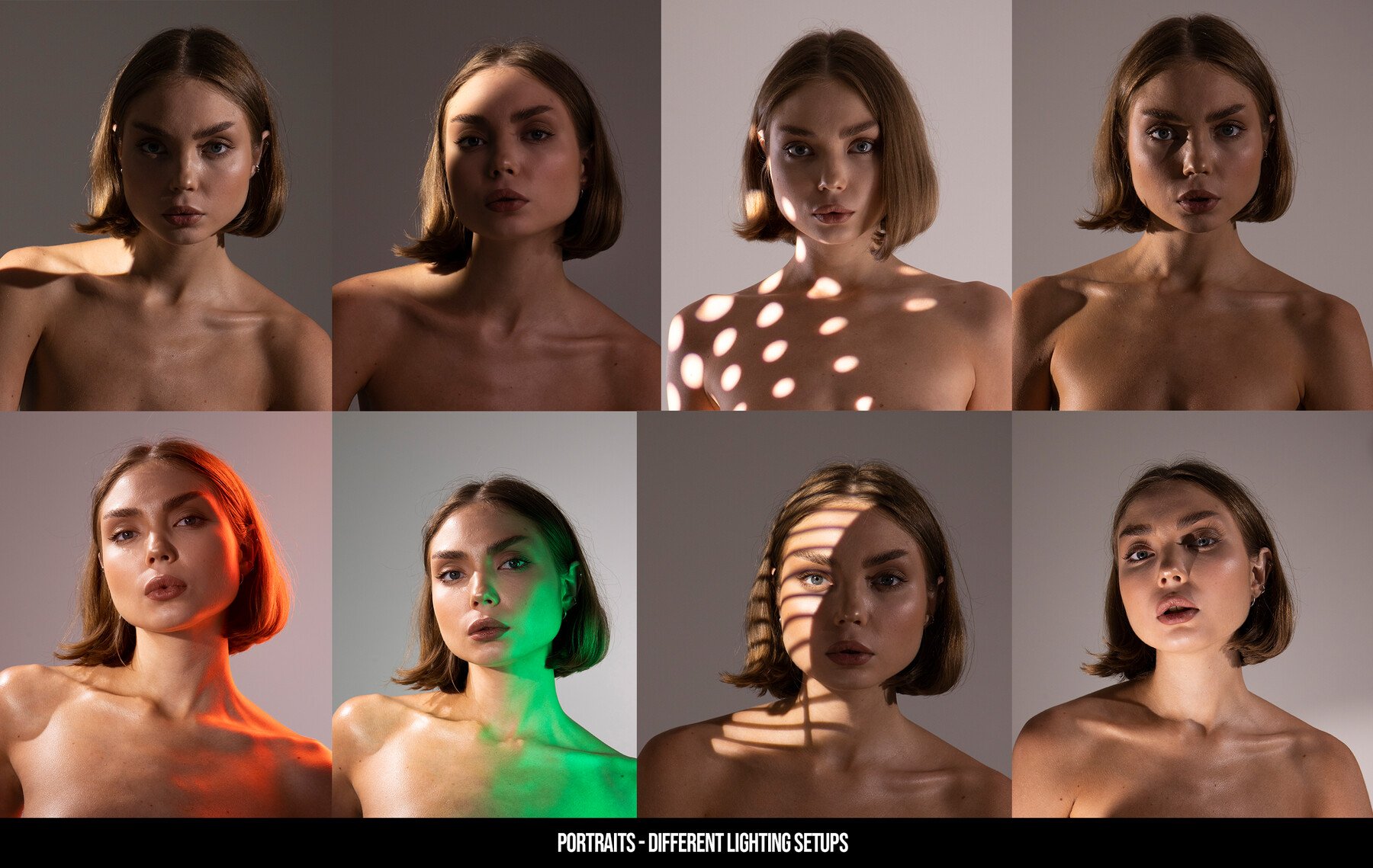 a collage of 8 portraits of a beautiful young woman with different lighting setups. each photo shows the woman with different light patterns and shadows. there is a soft light in the first row of photos, with the top left portrait showing her with a light background, while the next to the right shows her with light from the right side, and the top right with dots of light coming from the top. in the second row, the leftmost photo shows her with a red light, the next to the right has a green light on her, the next is with shadow lines on the face, and the last one has a soft light. these portraits are all in a studio setting and showcase the power of lighting in photography.
