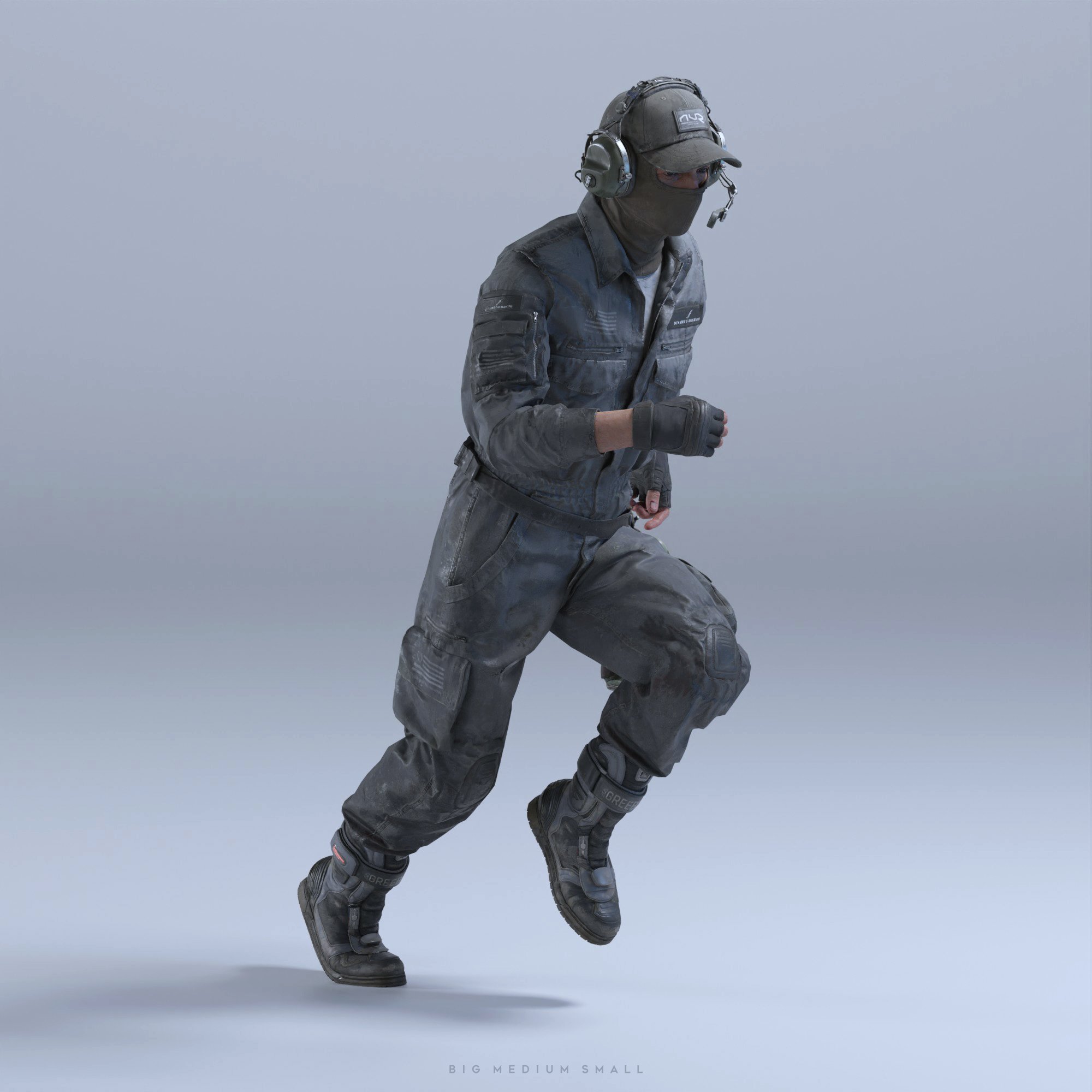 the image is a 3d render of a soldierlike figure in a dark grey tactical jumpsuit. the figure is running midstride. they are wearing a balaclava covering their face, headphones with a microphone boom, and sturdy boots. the jumpsuit is detailed with pockets and protective padding. the background is a plain light grey, making the figure the sole focus. the overall style suggests a tactical or military context, perhaps even a futuristic or scifi setting. the render is clean and highquality.