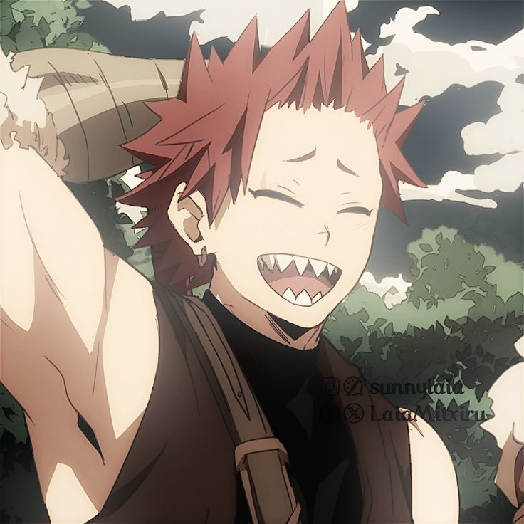this is a digital illustration of bakugo katsuki from the anime series my hero academia. he is a young boy with red hair, and he is wearing a hero costume. he is smiling brightly with his teeth showing. he is outdoors in a forest, and the sun is shining on him. he looks like he is happy and enjoying himself.