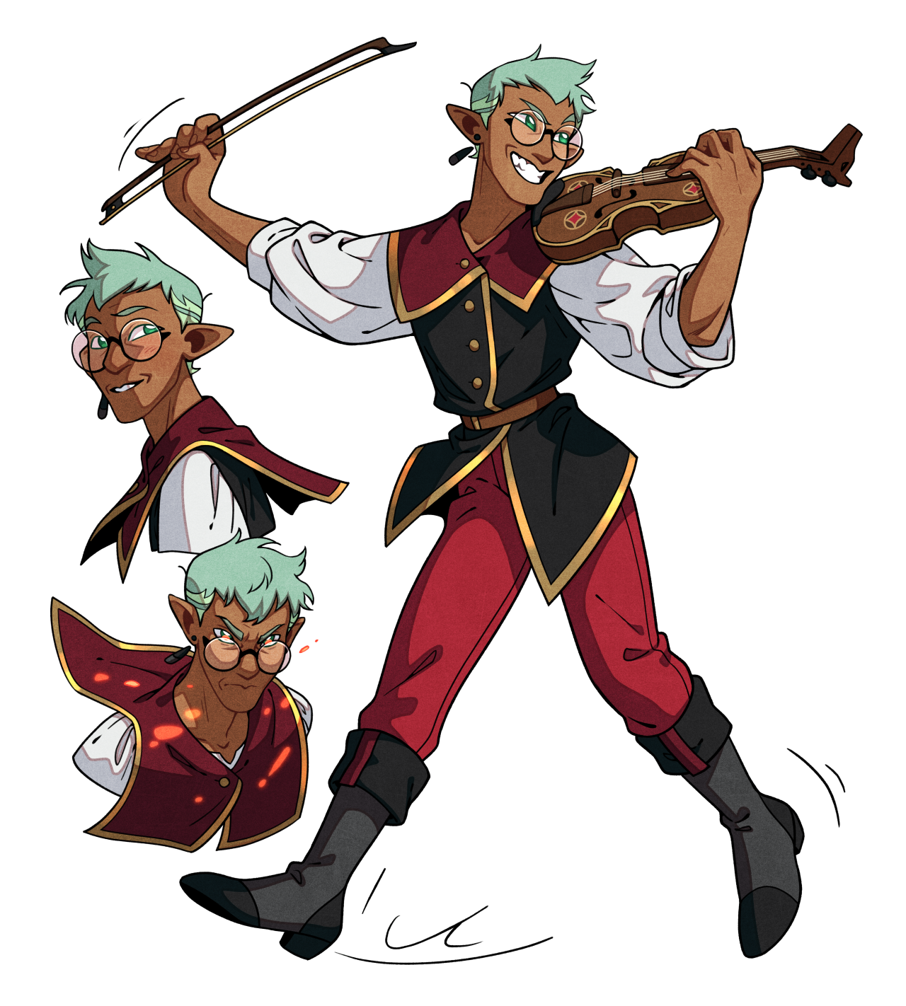the image shows three depictions of the same male elf character against a plain white background. he has short green hair, pointed ears, and is wearing round glasses. he is dressed in a periodinspired outfit with a white puffy shirt, black vest with gold trim, red pants, and black boots. the largest depiction shows the elf gleefully playing a brown violin, while holding the bow high in the air with his other hand. the smaller depictions show the elf's head and torso, with varying facial expressions. one is smiling, and the other is scowling with glowing red eyes.