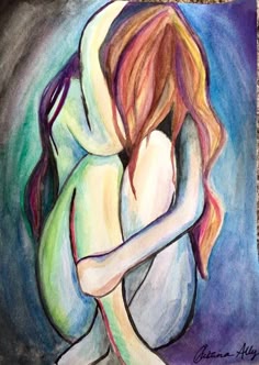 a watercolor painting of a woman sitting hunched over with her arms wrapped around herself. her long hair is red and purple and her skin tones are a mix of blues, greens, and pinks. the woman's posture and expression are sad. the background is a dark blue and purple color. the woman is drawn in a style that is both realistic and abstract. the painting is a poignant and evocative portrayal of loneliness and sadness.