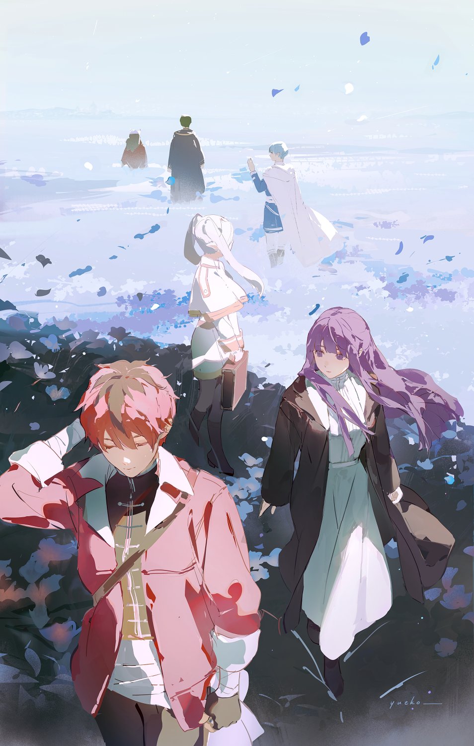 a group of six anime characters are walking along a beach scattered with blue flowers. the sky is overcast and the lighting is soft, giving the scene a calm and melancholic atmosphere. the perspective is slightly low, focusing on two characters in the foreground while the others are further away, suggesting a sense of depth and journey.
