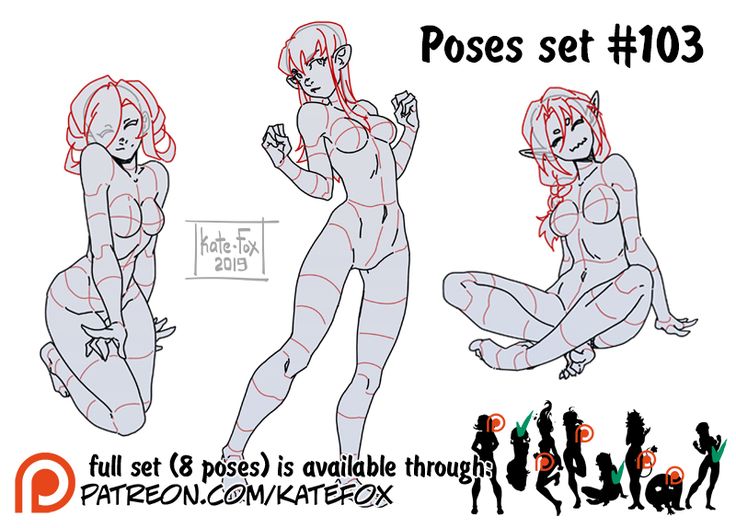 the image contains 3 female figure poses for drawing reference, there are also 8 silhouette poses in the bottom of the image. the artist name is katefox and the poses are labeled as "poses set #103".
