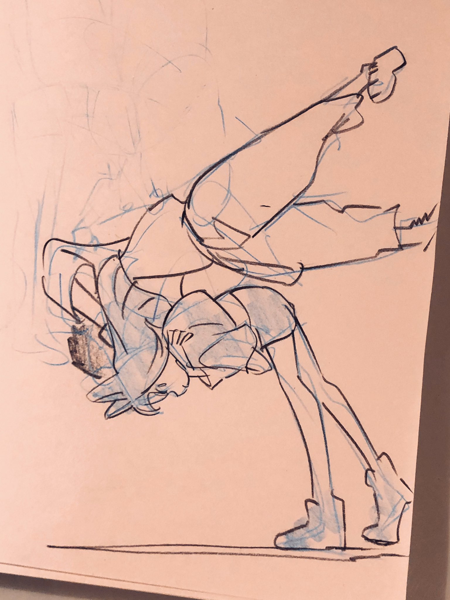 the image is a dynamic sketch of two figures in an embrace, seemingly midair. one figure, drawn with thicker lines, holds the other in a dip, their legs extended in a dramatic pose. the sketch has a sense of motion and energy, with light blue lines suggesting movement and wind.  the background is minimal, allowing the focus to remain on the figures and their interaction.