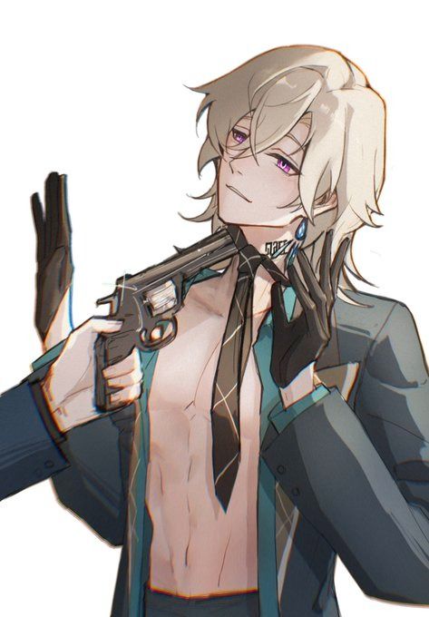 the image is a stylized anime or mangastyle illustration of a young man with long blond hair and purple eyes. he's dressed in a partially unbuttoned suit, revealing a bare chest with visible abdominal muscles. a necktie is loosely around his neck.  a revolver is held against his throat by his own hands, and another person's hands are visible, holding the gun in place. the overall mood is dramatic and slightly threatening, with the character presenting an ambiguous and stylishly dangerous pose. the background is plain white, focusing attention on the character.