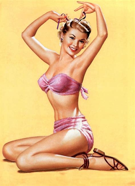 the image is a vibrant vintage pinup illustration of a smiling woman in a pink twopiece swimsuit.  she's sitting with her legs slightly bent, and her arms are raised as she adjusts a ribbon in her hair. the background is a simple, bright yellow. the style is characteristic of mid20thcentury pinup art, emphasizing the woman's curves and beauty in a glamorous and idealized way.  the artist's style showcases smooth skin tones and highlights the details of her figure and attire.  the overall impression is one of playful femininity and retro charm.