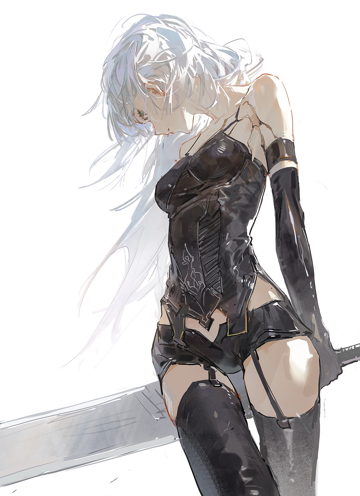 a digital illustration of an anime character. the character is a female with long white hair. she is wearing a black outfit with a sword behind her. her long white hair is flowing in the wind. she is standing in a pose that suggests she is ready for battle.