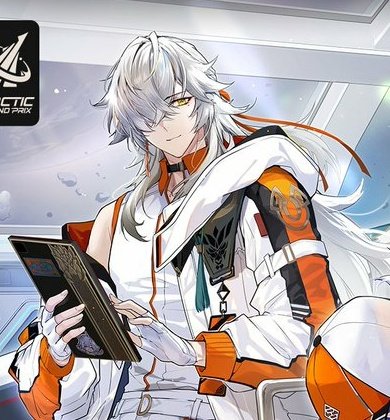 an anime character with white hair and yellow eyes is shown in a portrait image. he is wearing a white jacket with orange accents and is holding a device in his hands. the background is a futuristic, digital environment. he is in a pose that suggests action and excitement. the artwork is in a digital style.
