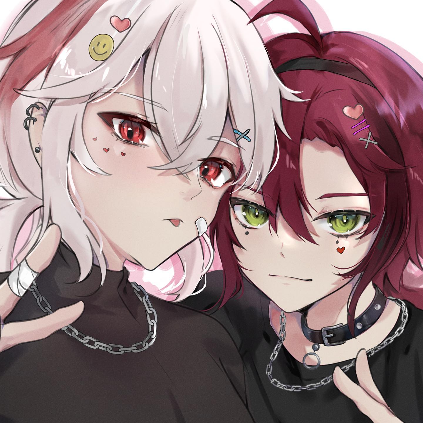 he image shows a closeup portrait of two anime girls. one has long white hair with pink highlights, and the other has long dark red hair. both have striking features, such as bright eyes (one green, one red) and unique accessories.  they are close together, suggesting a close relationship, and both wear dark clothing with chains and chokers.  the style is reminiscent of modern anime fanart, focusing on expressive faces and detailed clothing and accessories. the girls have small stickers on their faces, adding to the stylistic choices.  the artwork is digital and shows a high level of detail and quality.
