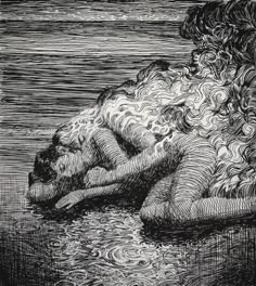 a black and white drawing of two nude figures intertwined in the form of a wave on a rock. the style is similar to an etching or engraving, and the figures are depicted in a very abstract and stylized manner. the water below the figures is depicted as swirling and turbulent, adding to the sense of movement and dynamism in the piece.  this artwork could be interpreted as a representation of a mythical creature, or a surreal fantasy, or as a representation of the power of nature and its ability to shape and transform the human form.