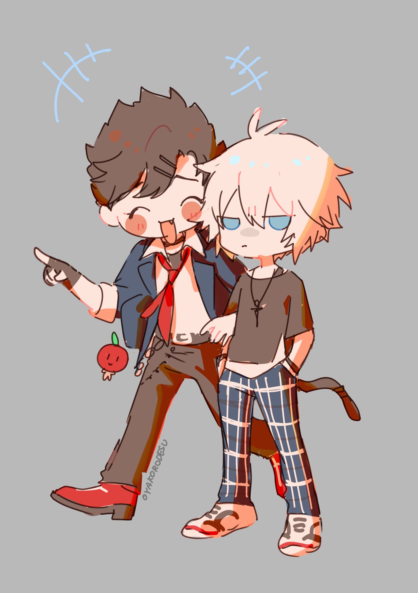 this is a digital illustration of two anime boys dressed in casual clothes.  they are standing close to each other and look happy and friendly. the boy on the left has short brown hair and is wearing a red tie and red shoes. he is pointing to the right. the boy on the right has long blond hair and is wearing plaid pants and black shoes. he is looking at the viewer. both of them are smiling. the illustration is made in a cute, chibi style and is full of happy colors.