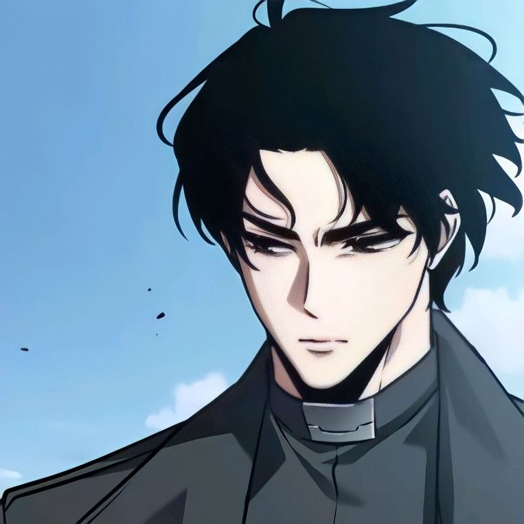 a closeup portrait of a young anime boy with black hair looking downwards. he has dark, shadowed eyes and a serious expression on his face. he is wearing a white shirt with a black collar and jacket. the background is a blue sky with some clouds.