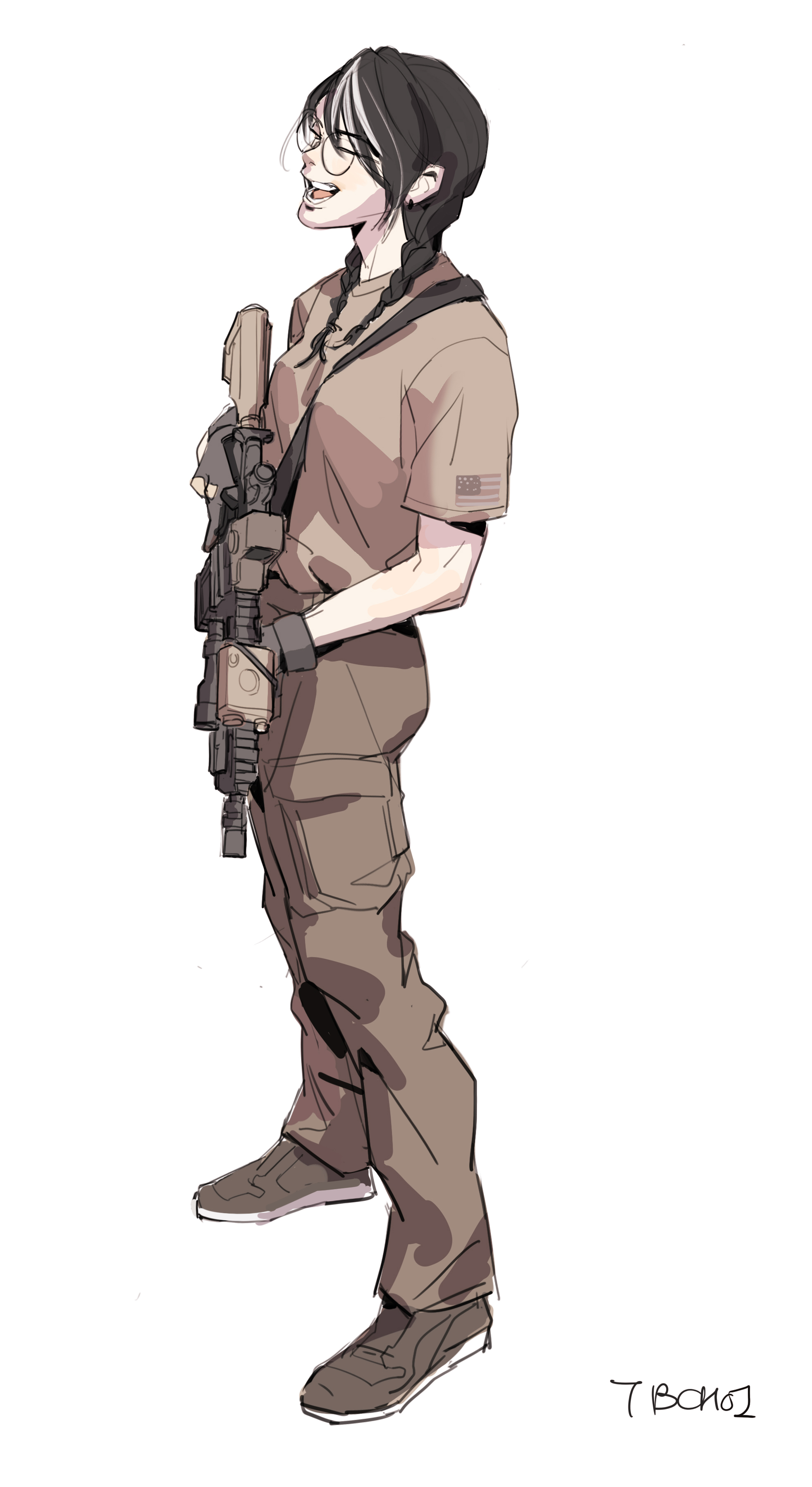 the image is a stylized cartoon drawing of a female soldier. she is standing in a relaxed threequarter view, holding a rifle. she is wearing a tan or beige militarystyle uniform, pants, and shoes. her hair is styled in braids, and she is wearing glasses. her expression is one of slight amusement or confidence. the style is reminiscent of anime or manga, with a focus on clean lines and soft shading. the background is white.