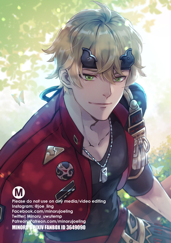 this is a digital illustration of a young, blondhaired anime boy. he has bright green eyes and is wearing a red jacket with a black shirt underneath. he is smiling and looking at the viewer. his hair is styled in a messy, yet attractive way. he has a necklace and some other accessories.  he is surrounded by a green and yellow background, reminiscent of the outdoors.  the image is stylish and welldrawn, showcasing the artist's talent.  the caption states that this image is not to be used for media or video editing.  this art was created by the artist known as "minoru".  it is a beautiful example of anime/manga style art.