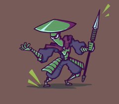 a cartoon illustration of a greenskinned alien samurai. the samurai is posed dynamically, holding a spear in one hand and gesturing with the other. they wear stylized armor and a conical hat. the background is a solid brown color.