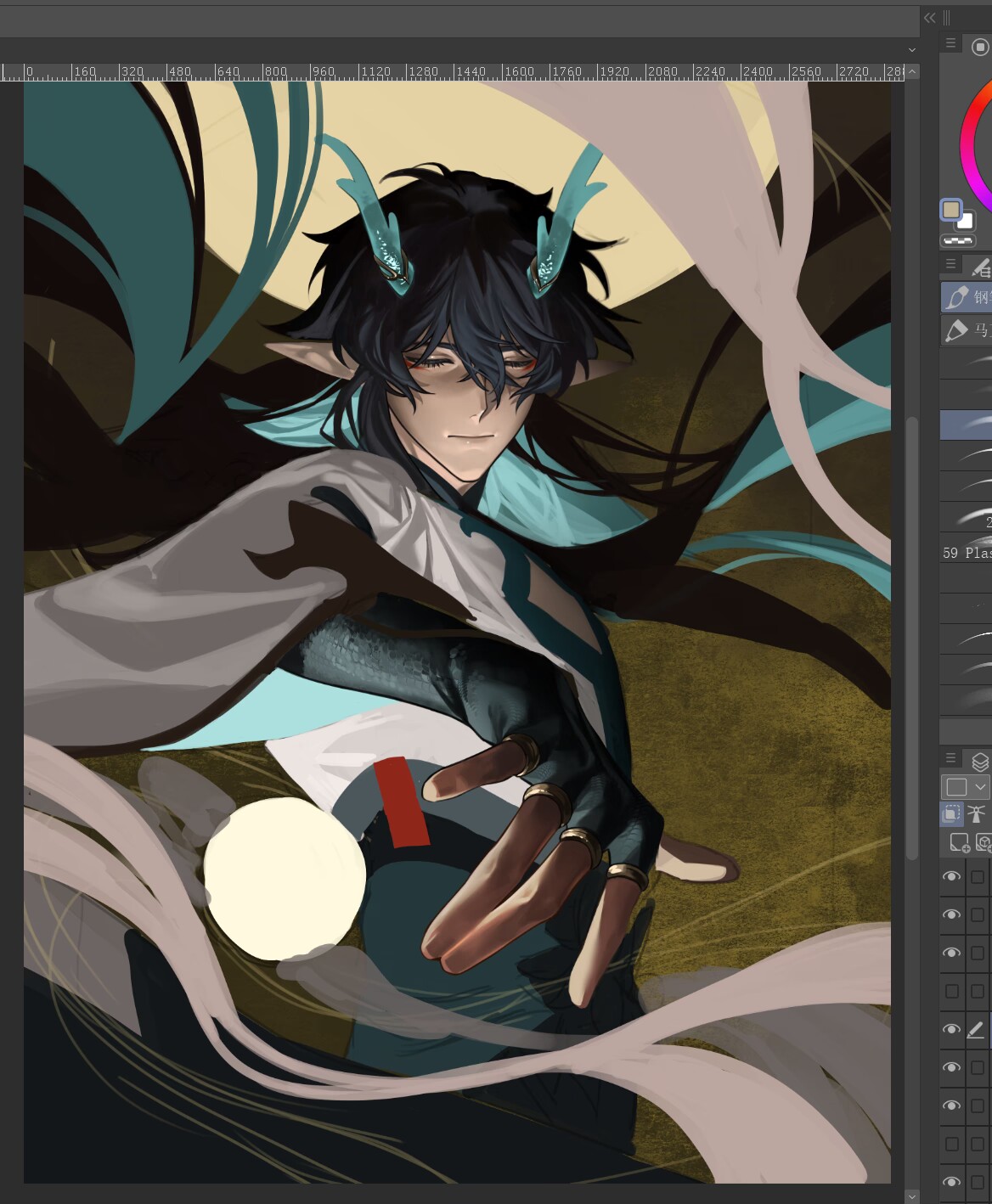 the image is a digital art illustration of an anime character, a young man with dark blue hair, horns resembling a dragon,  and blue eyes. he is wearing a white outfit and gloves, posing with a mystical air. he appears to be floating against a background of golden hues and swirling smoke or clouds. the overall style of the image is elegant and mysterious, with a focus on the character's power and captivating presence.